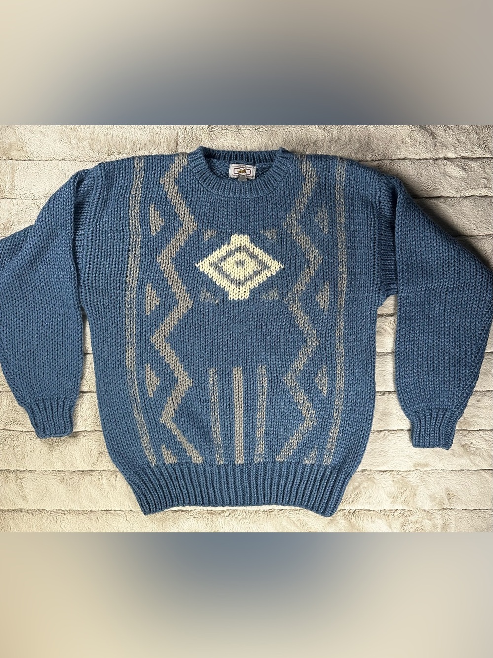 Vintage 90s Clear Creek Geometric Diamond Grandpa Crewneck Sweater Blue, Large